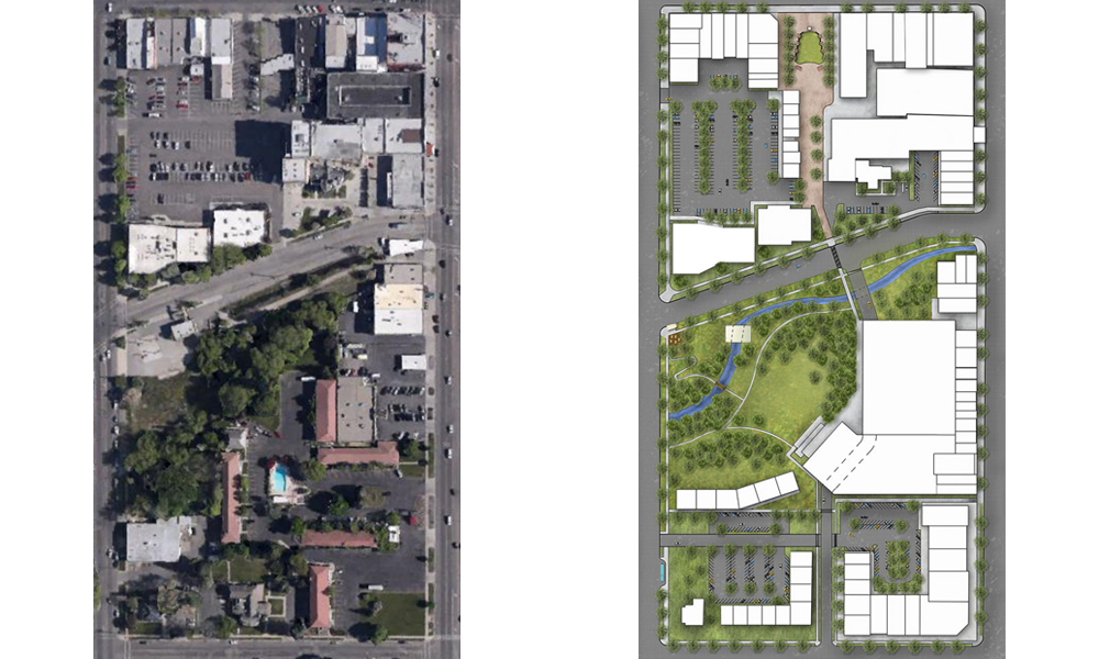 The existing site (left) and our master plan (right). Illustrated by Maddy Grant