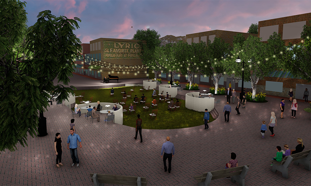 Theater-inspired plaza with added dining and retail shops to encourage theater-goers to stay downtown longer. Image: Maddy Grant & Matt Snow
