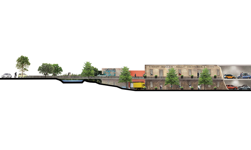 Section cut showing access from the street on the left into the top half of the parking structure. The bottom level and service bays are accessed from the other side of the block.