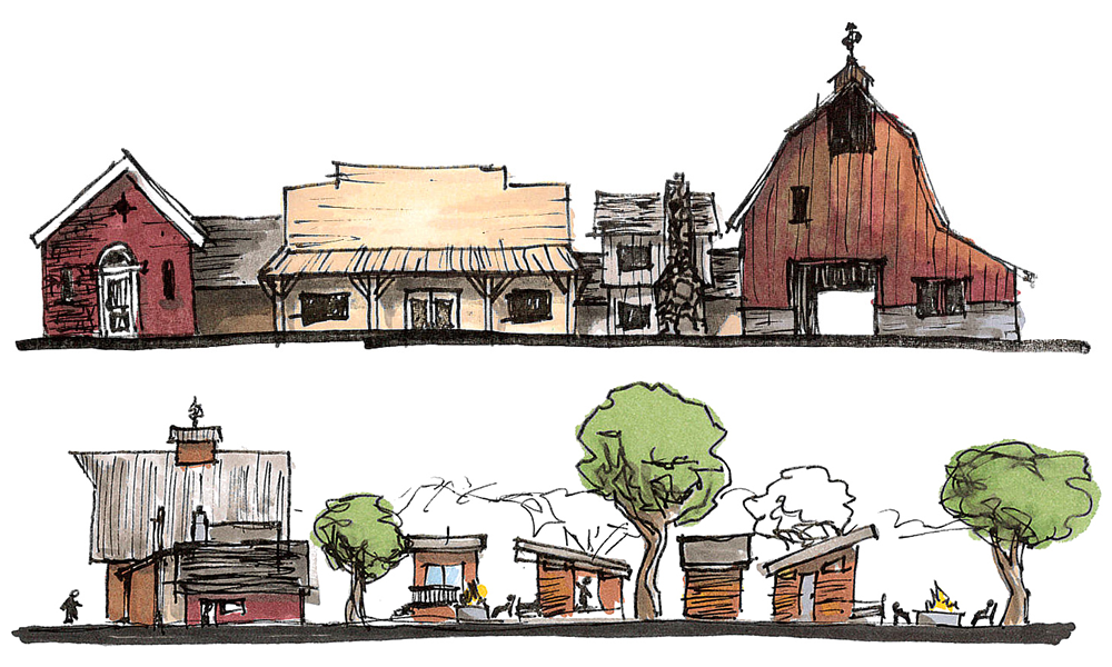 Concept elevations for the community center (top) and tiny home neighborhood behind it (bottom).