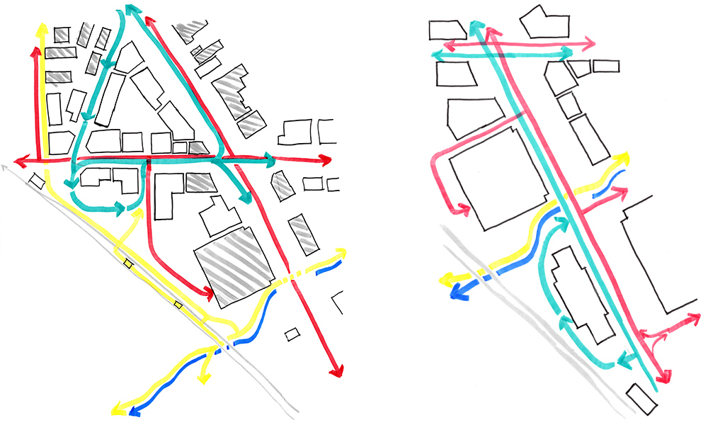Exploring options for circulation. Red - vehicle, Yellow - pedestrian, Turqouise - public transport, Blue - Kays Creek