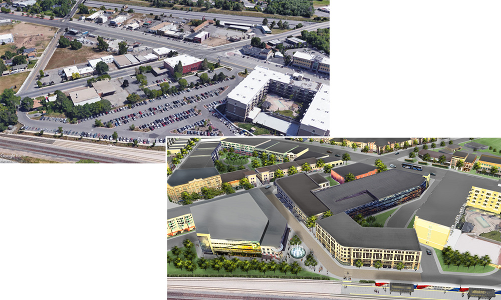 Current and proposed aerial perspective of downtown as seen from above the commuter rail station.