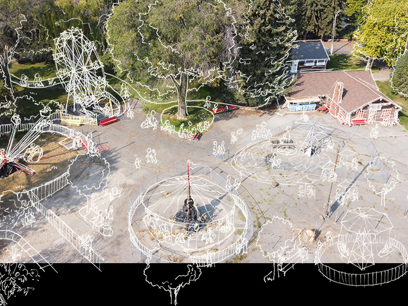 Drone photo with sketch overlay.