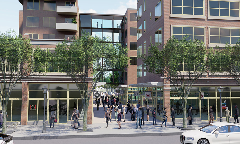 Street view of the passage from Main Street to the public plaza. Image by Madison Pong & Braden Miskin