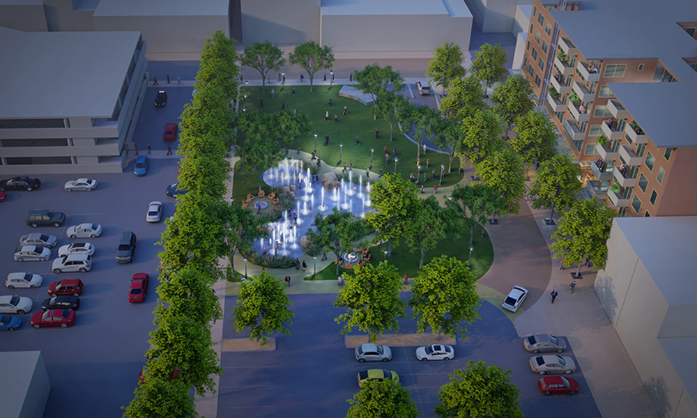 Aerial view of the public plaza, next to the mid-block walkway that extends from the Civic Center to the Theatre District. Image by Madison Pong & Braden Miskin