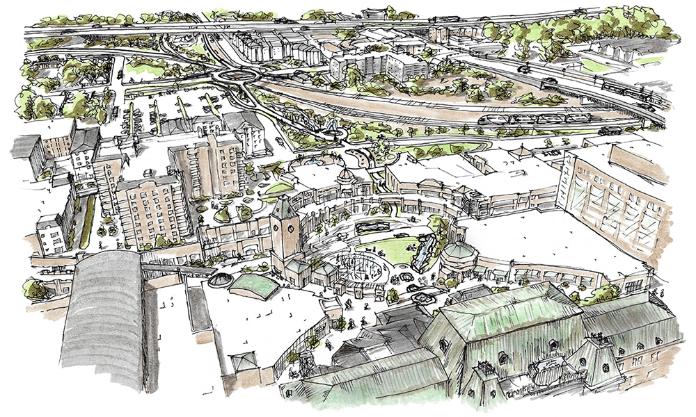 Concept aerial view showing the existing shopping & residential development with the proposed trail extending out from the central plaza.