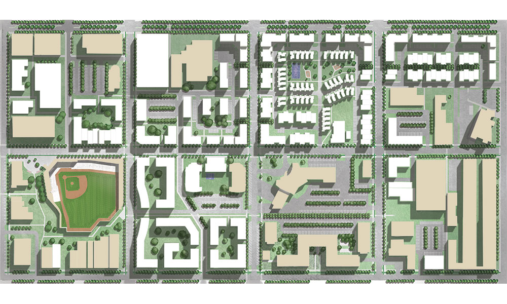 Master plan of the site with existing buildings (tan) and proposed buildings (white).