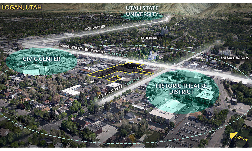 The site (outlined in yellow) is on Logan's busiest street within walking distance of the Civic Center and Theatre District.